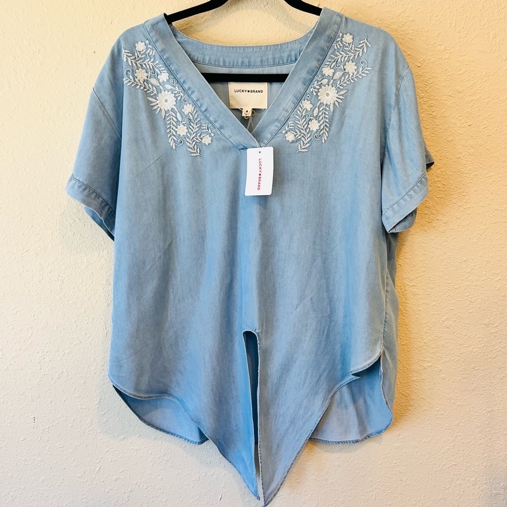 Sold Lucky Brand Buttery Soft Denim Floral Embroidered Blouse Tie Front NWT M